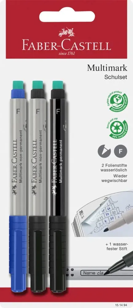 Faber-Castell Multimark 151494 Folienstift F 3-teilig mit Radierer