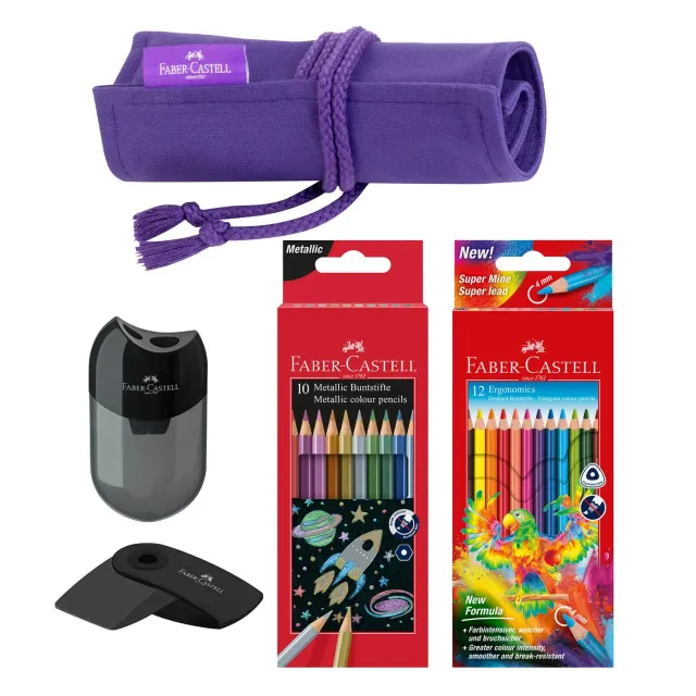 Faber-Castell Buntstifte Stifterolle 22 Farben lila mit Zubehör